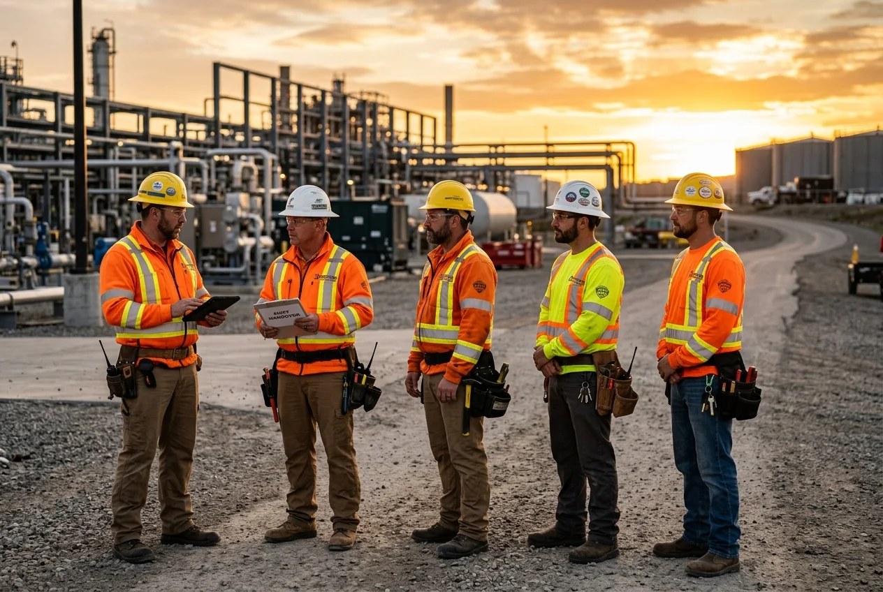 Western field service technicians at shift handover during sunset