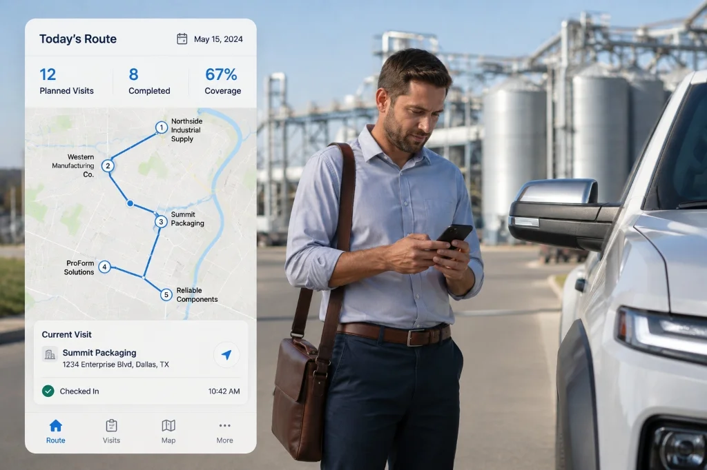 Industrial field sales route app showing live GPS stops with sales rep at manufacturing site