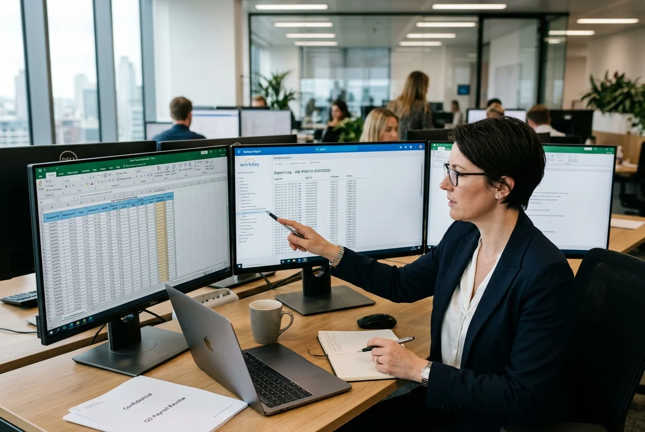 Enterprise payroll operations director reviewing batch timesheet reconciliation on desktop displays