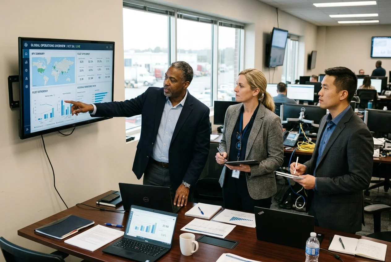 Enterprise operations executives reviewing workforce performance analytics in operations command center