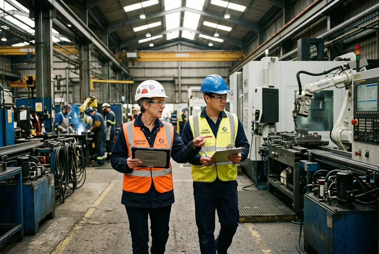 Operations director and manufacturing floor supervisor discussing equipment telemetry and shift coverage