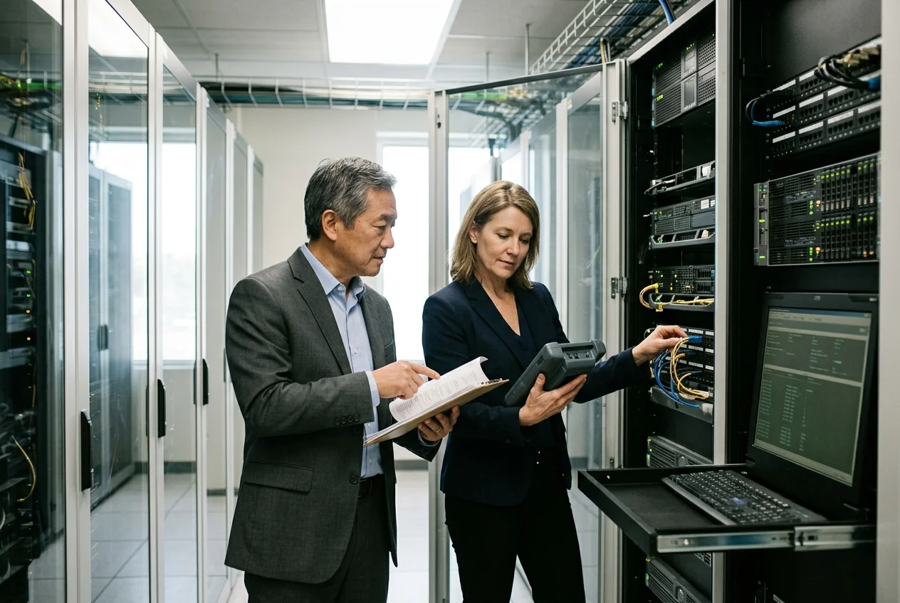 Enterprise IT directors and operations managers examining server racks and cloud data architecture in data center