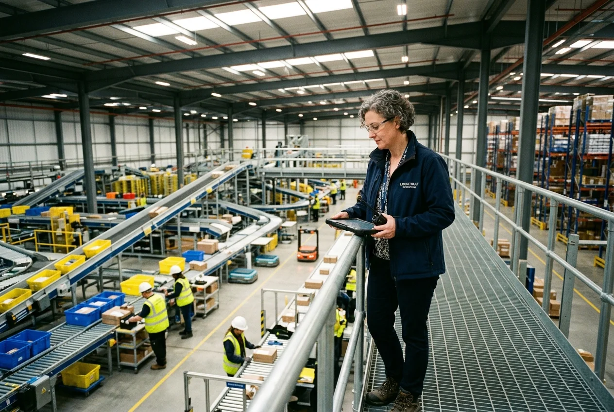Operations director reviewing automated sorting lines and shift worker coverage from elevated catwalk in modern warehouse