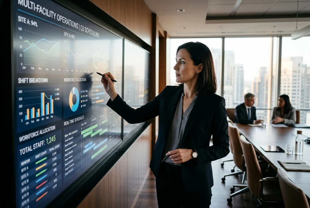 Enterprise chief operating officer reviewing multi-facility shift operational dashboards on conference screen