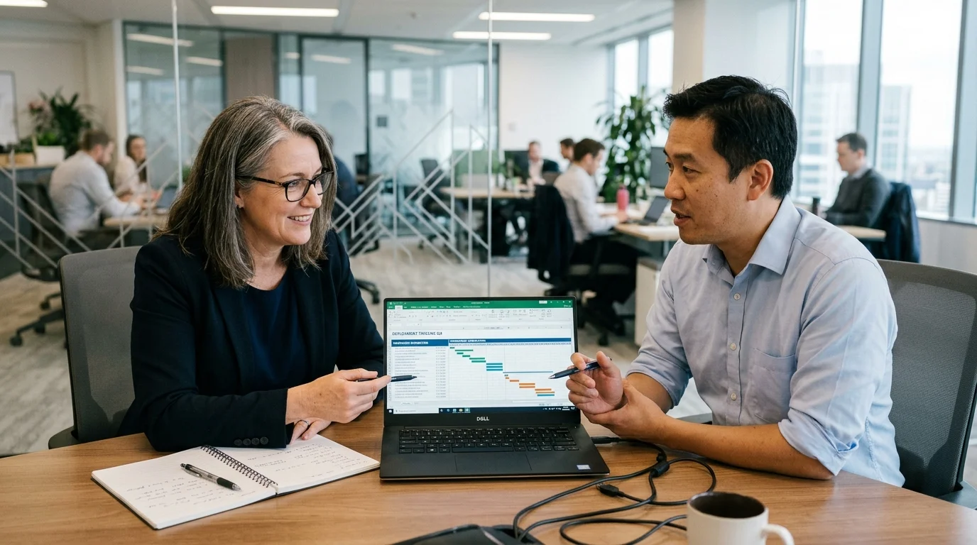 Senior enterprise operations director and systems architect reviewing technical deployment milestones