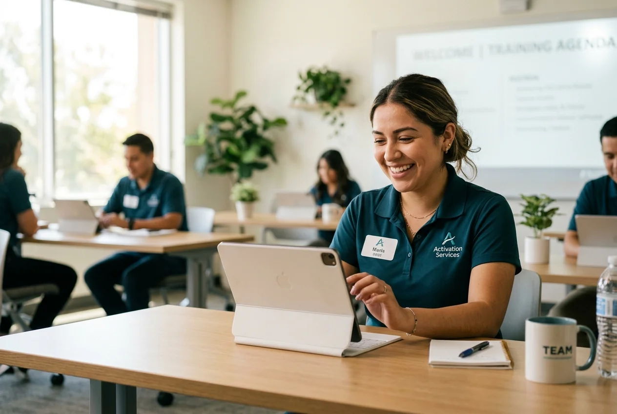 Hourly candidate smiling while completing workforce onboarding and training on tablet in clean classroom