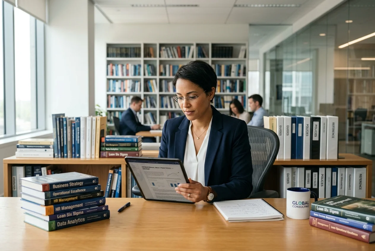 HR consultant reviewing compliance reference documents on a tablet in office library
