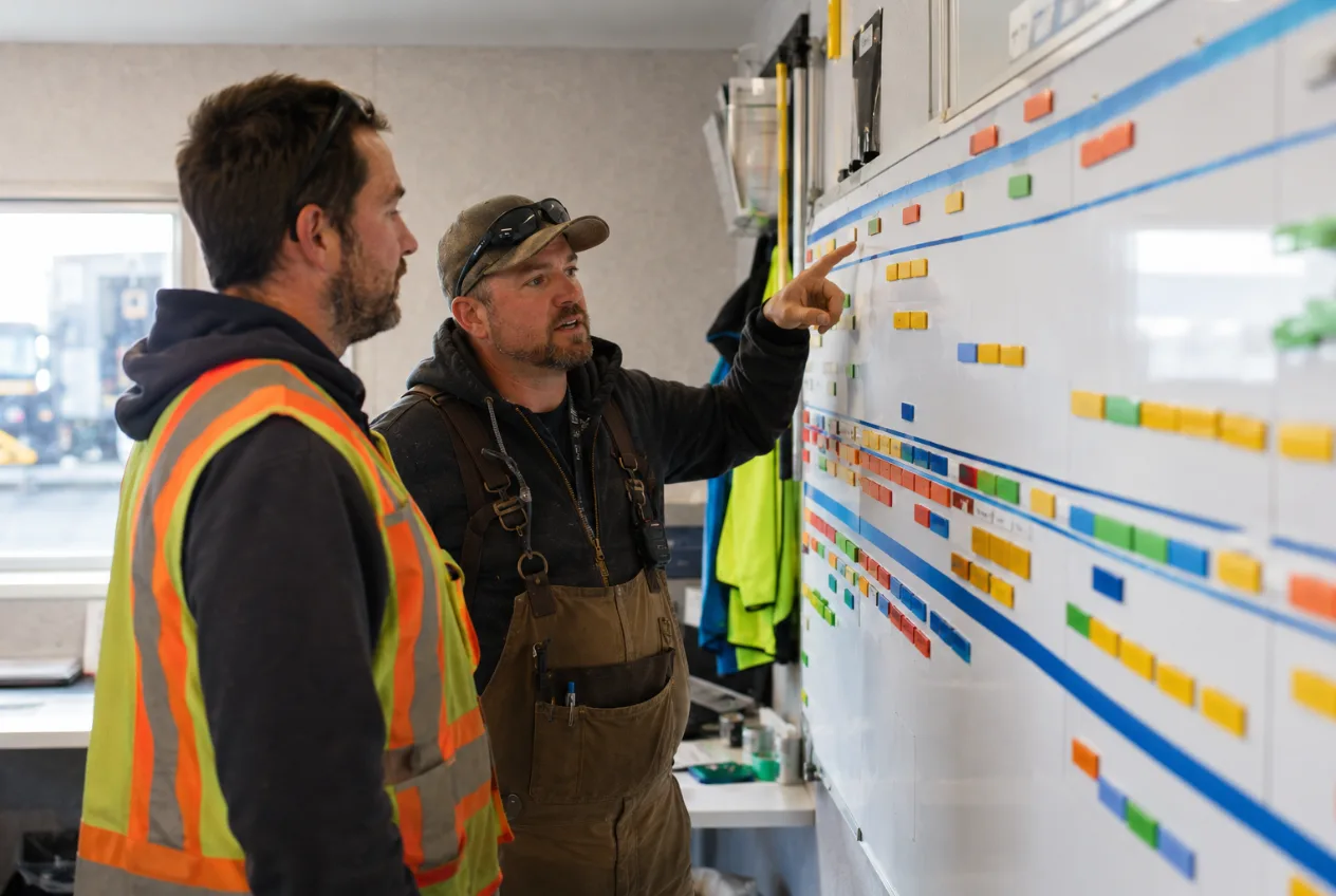 Shift supervisor and crew member reviewing a week of shift coverage on a planning board in a job-site trailer