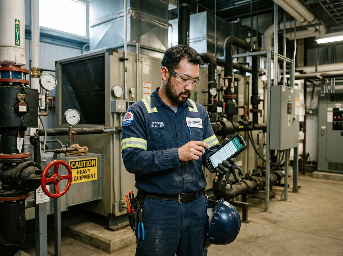 Certified trade technician reviewing safety compliance checklist on mobile device before shift start