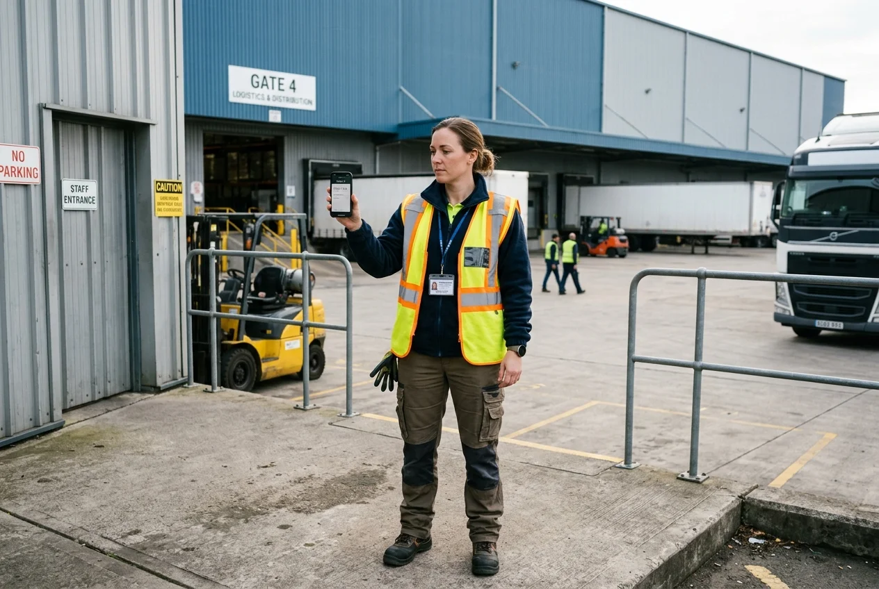 Frontline industrial logistics worker in high-visibility vest verifying attendance and clocking in on smartphone at gate entrance