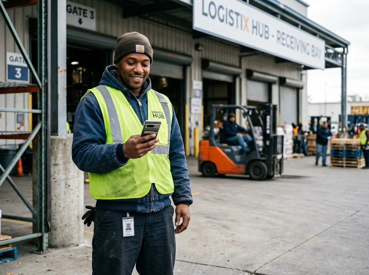 Frontline warehouse worker performing verified mobile punch at receiving bay