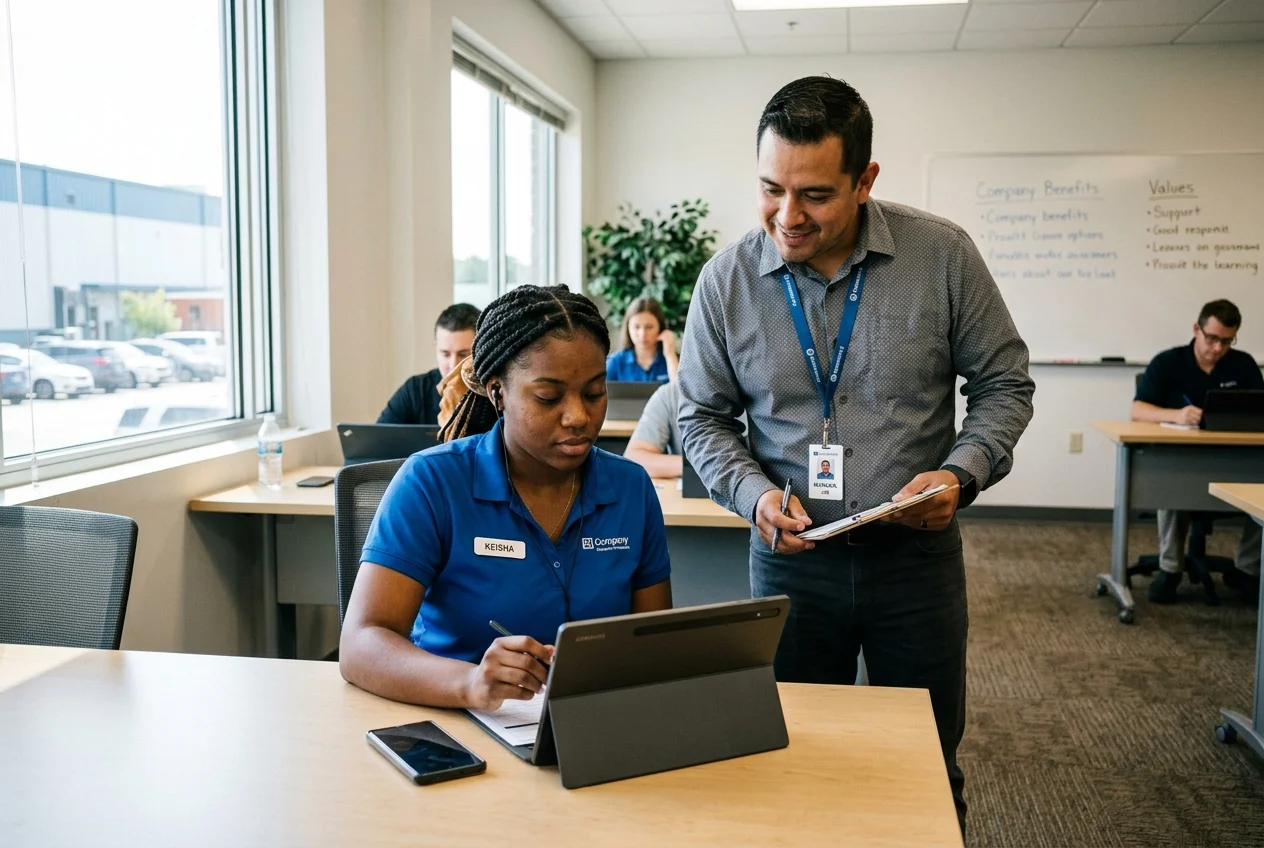Hourly workforce employee completing digital onboarding and compliance training module on tablet with trainer assisting