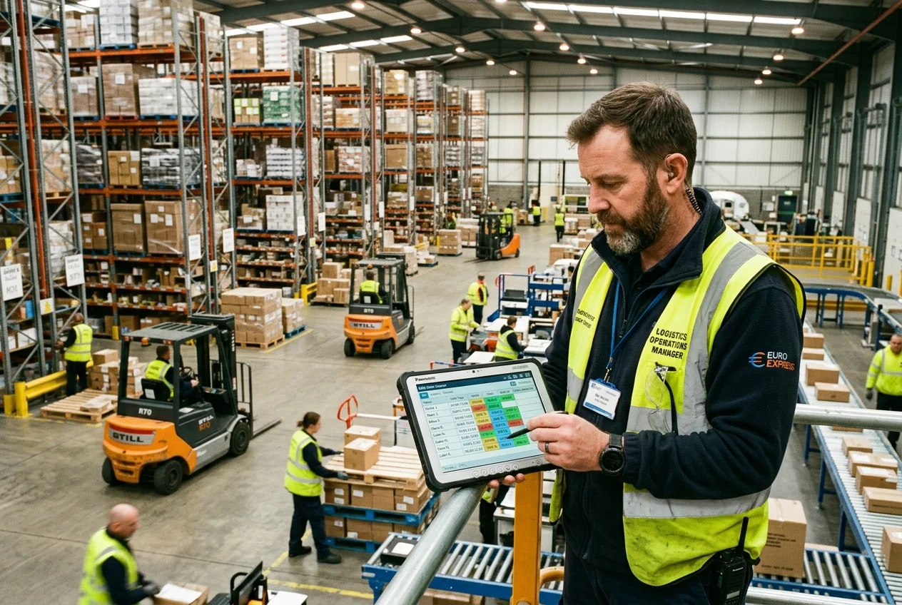 Logistics operations manager holding a tablet with shift roster schedules in a busy distribution center warehouse