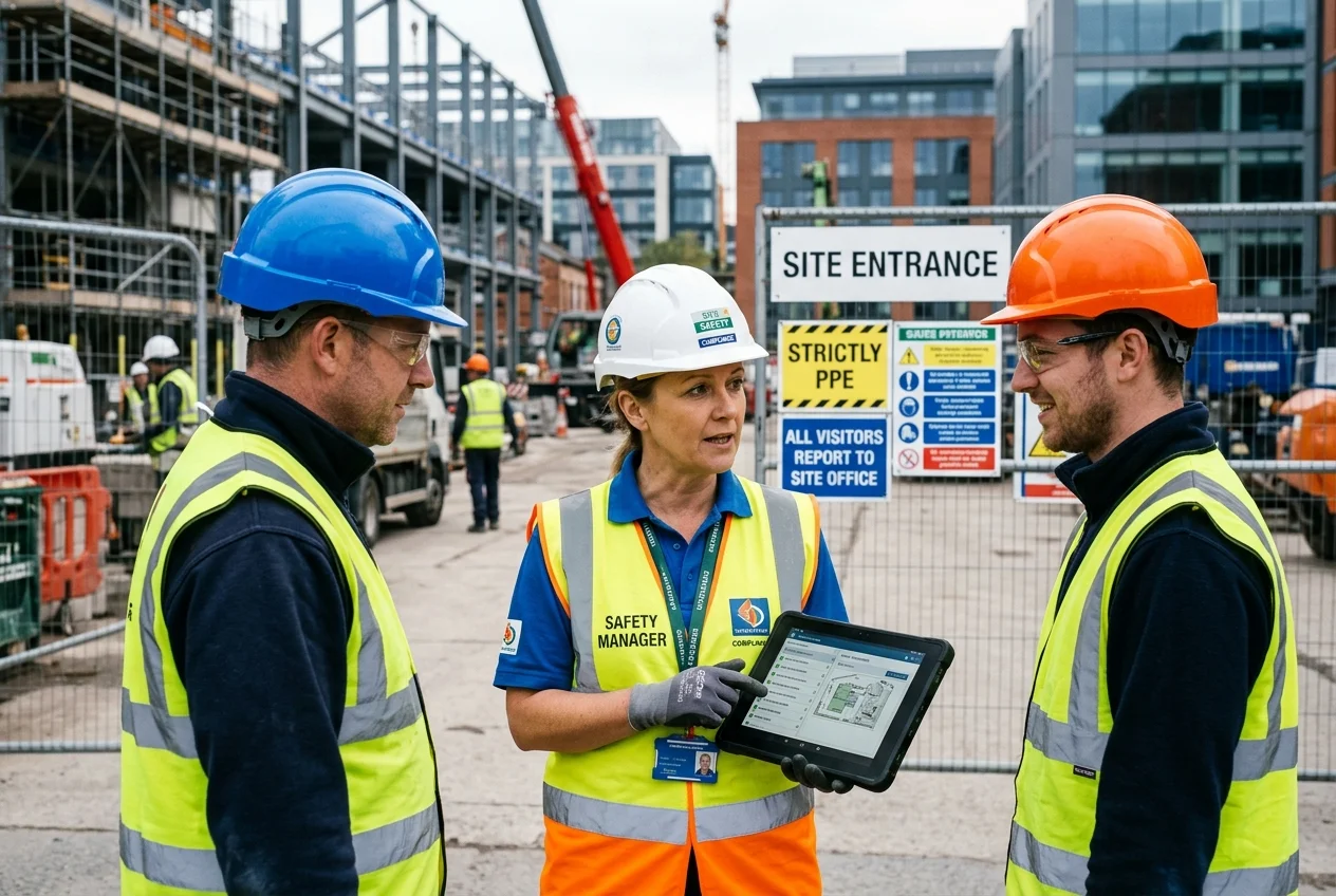 Site safety and compliance manager reviewing contractor certification records at commercial facility entrance
